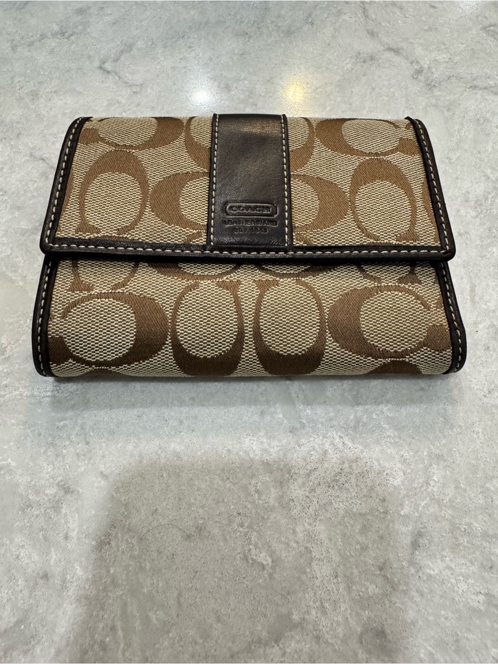 Coach Large Signature Canvas Trifold Wallet in Tan and Brown